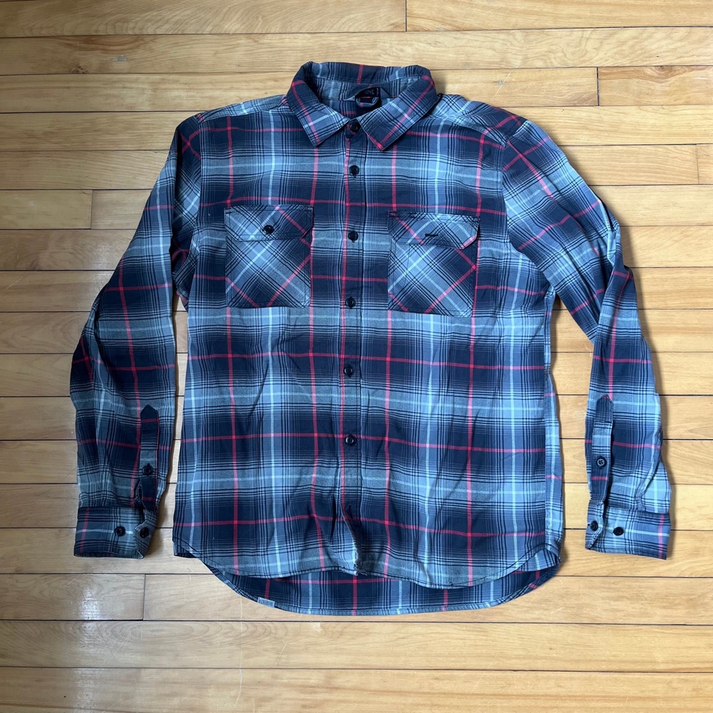 Chrome Industries Mens XL Plaid Flannel Button Up Shirt Grey Black Red Cycling